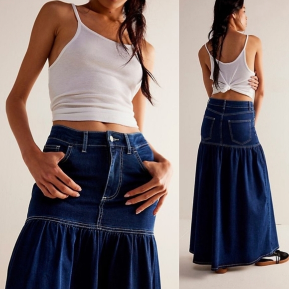 Free People Denim Maxi Skirt Women's Large Blue Stretch Skirt - Picture 3 of 3